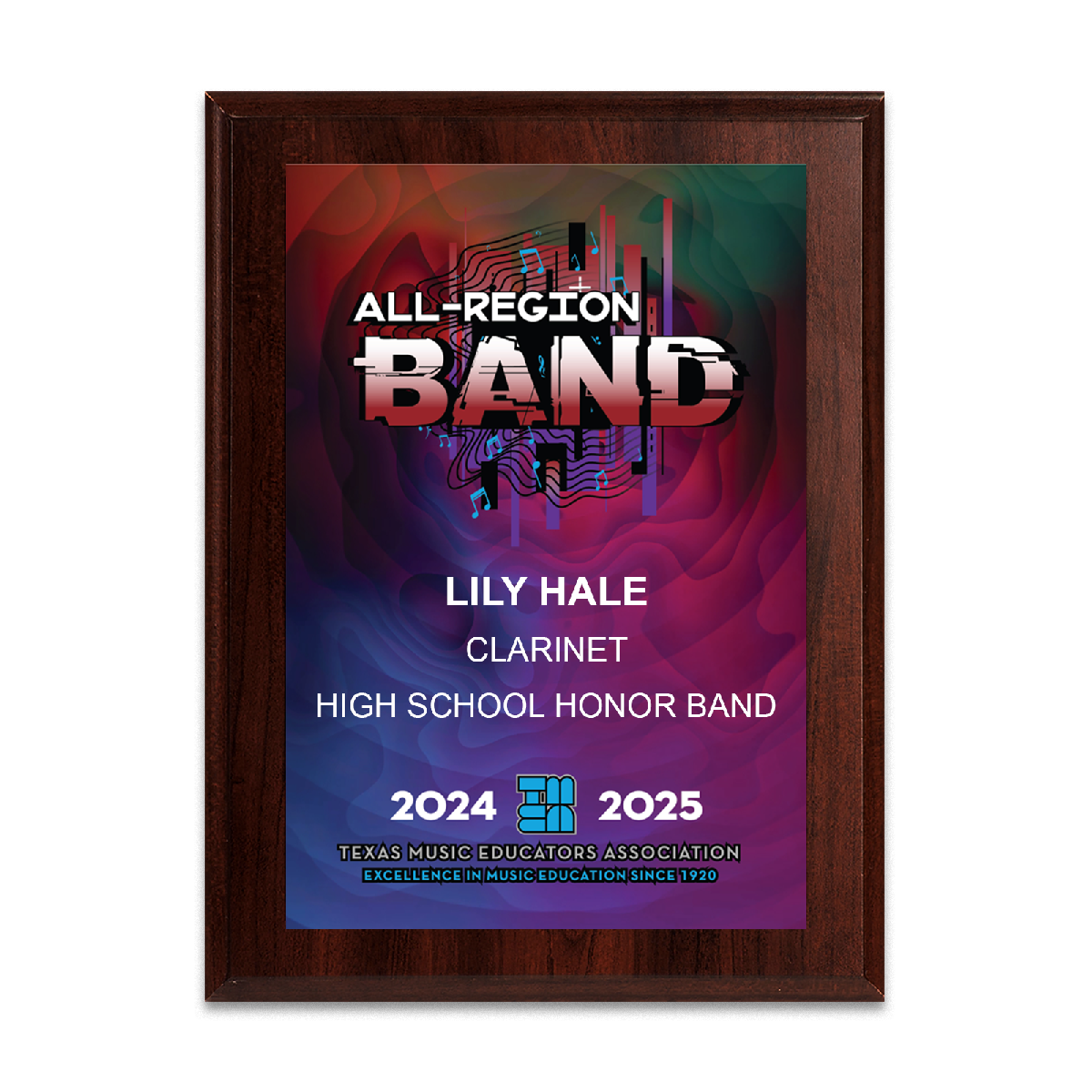 2024-2025 TMEA All-Region Band 6x8 Plaque