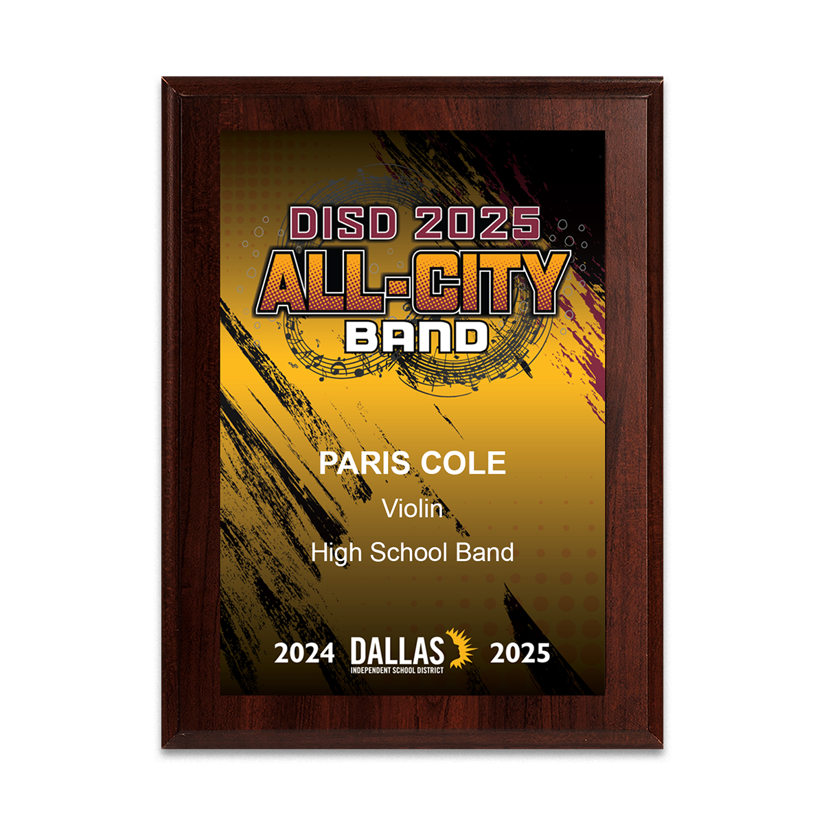 2025 Dallas ISD All-City Band 6x8 Plaque