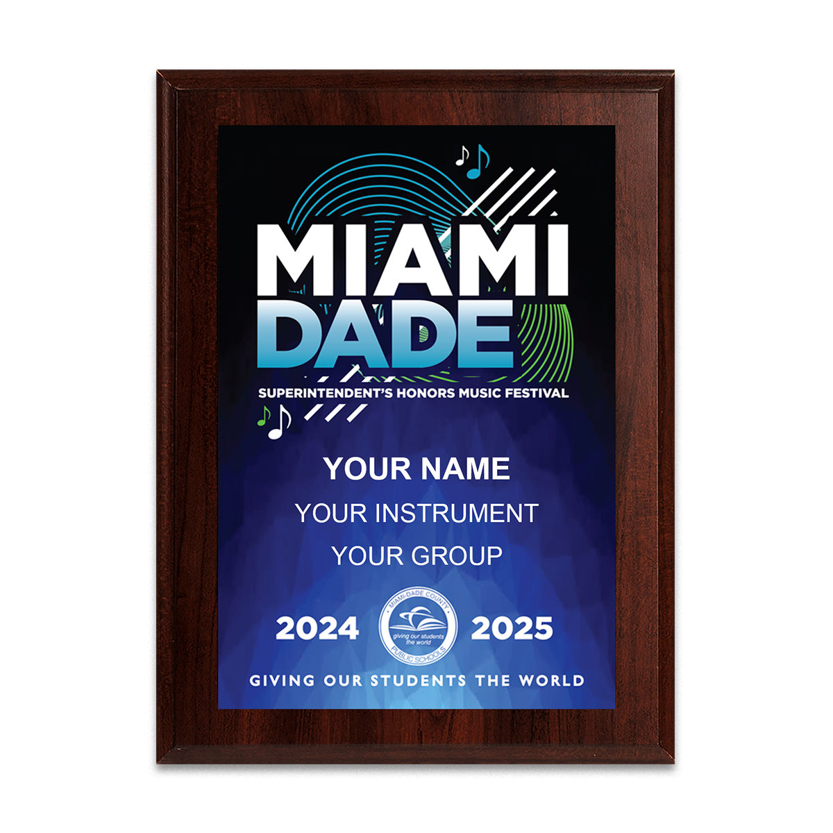 2025 Miami Dade Superintendent's Honors Music Festival 6x8 Plaque